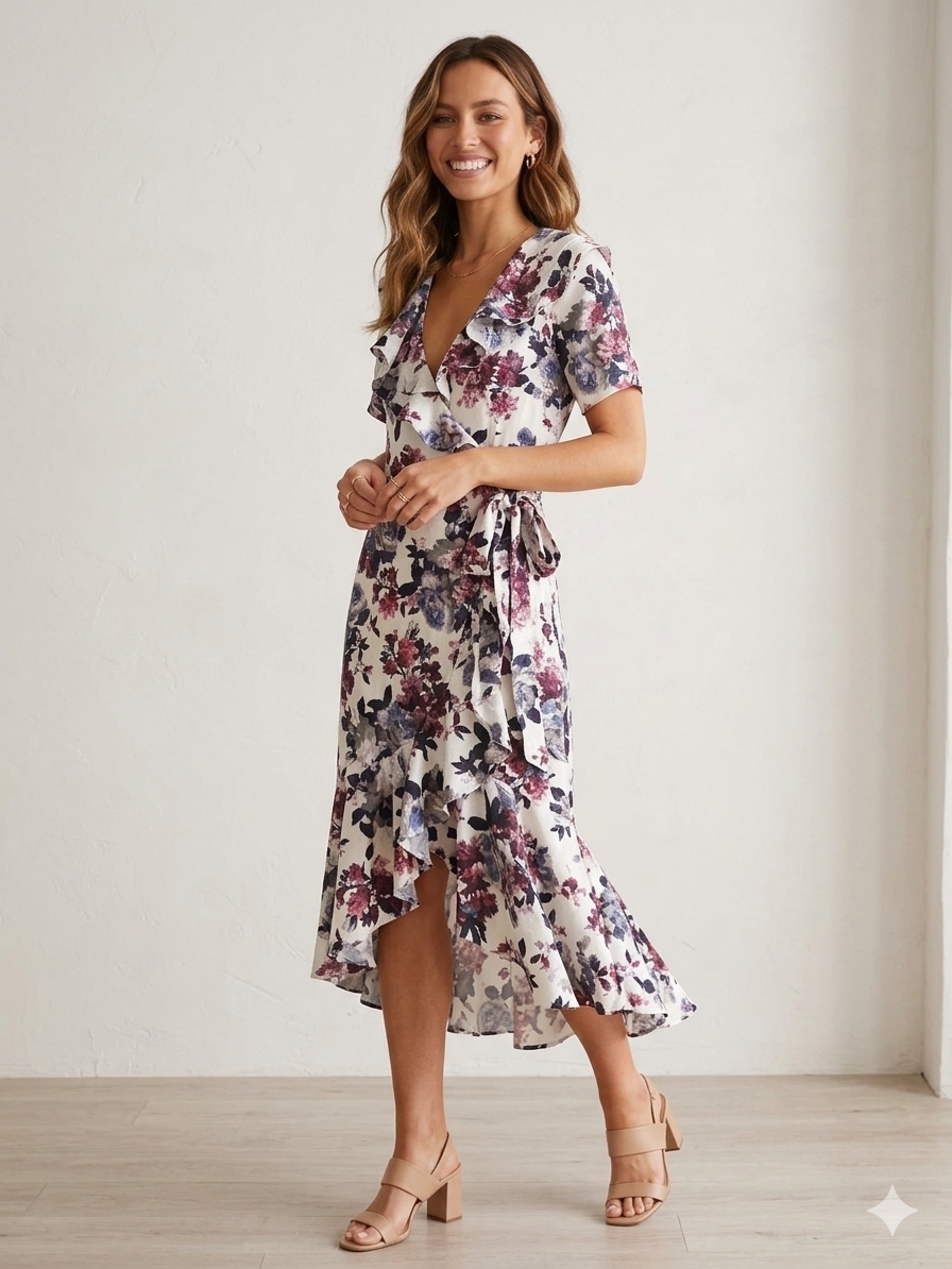 Erdem Cream Floral High-Low Wrap Dress With Purple Blooms